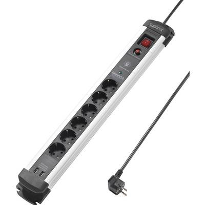 Six-way extension socket with USB ports and power switch. Connecting cable with German plug.
