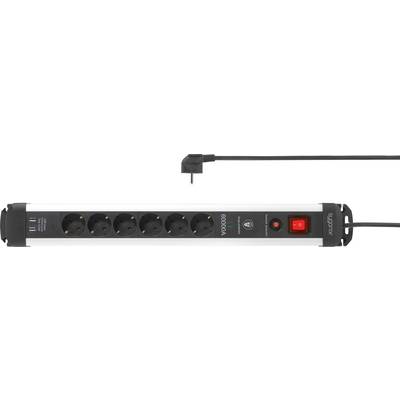A black power strip with eight sockets and a glowing red switch. On the left are two USB ports.