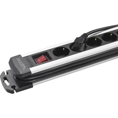 Five-socket extension lead with a red power switch and a black mains cable. Ideal for electronic devices.
