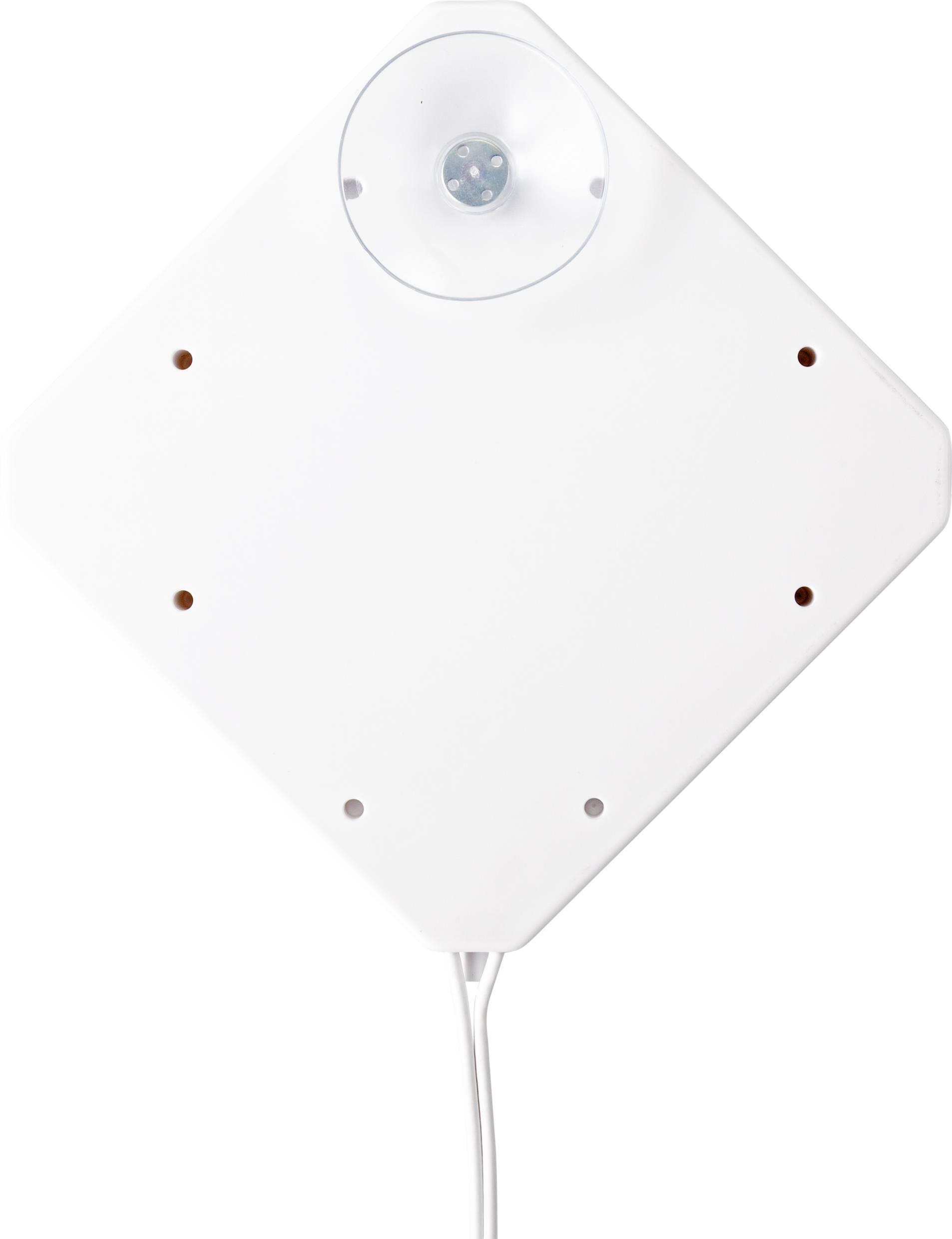 White, square antenna with a central small, transparent suction cup for mounting. Cable attached at the bottom.