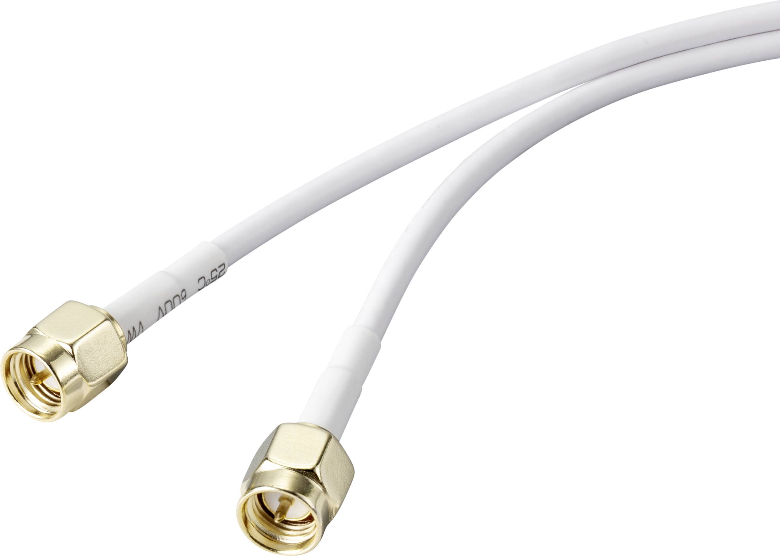 Two white coaxial cables with gold-plated connectors.