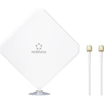 Square, white outdoor directional antenna by Renkforce with two coaxial cables. Suitable for LTE/4G connections.