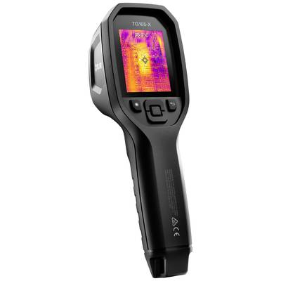 A black thermal imaging camera with a colourful thermal image on the display, showing temperature differences in red and purple.