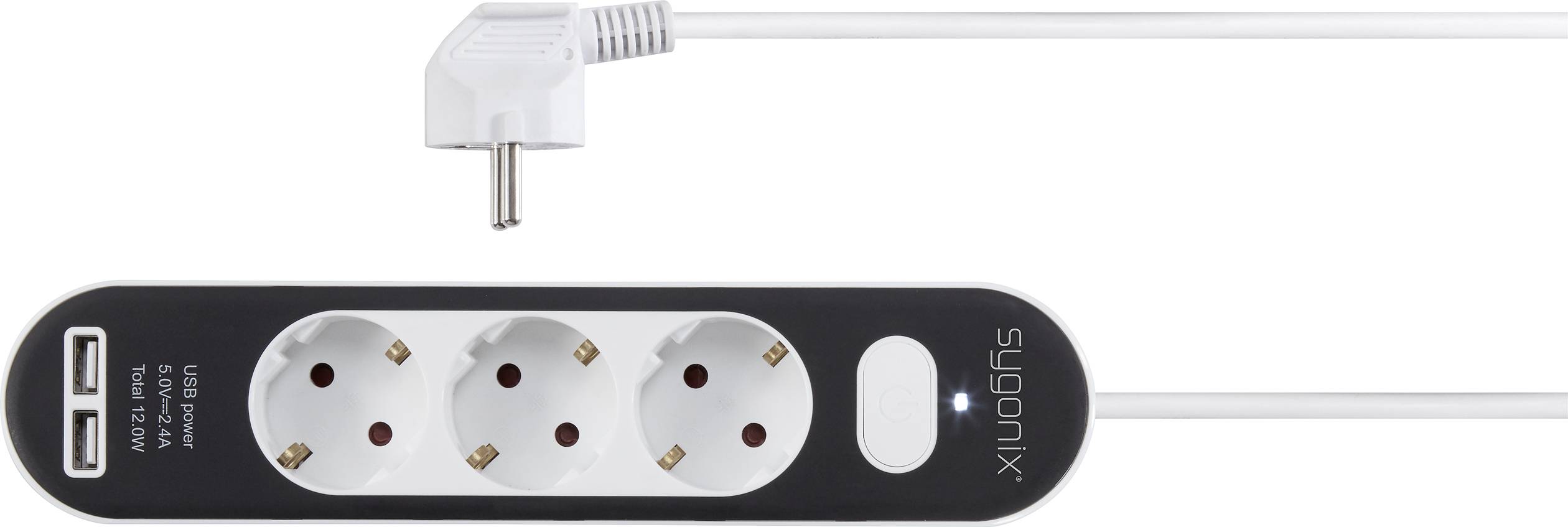 Black power strip with three socket outlets and two USB ports. White cable with right-angled plug.