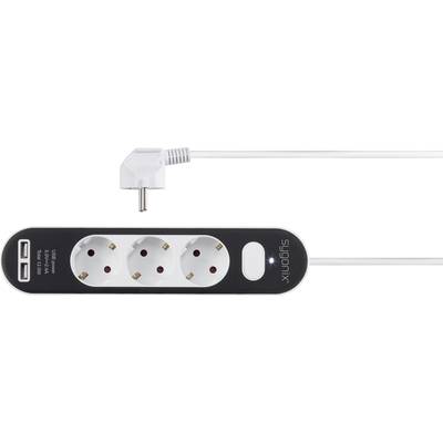 Black power strip with three socket outlets and two USB ports. White cable with right-angled plug.
