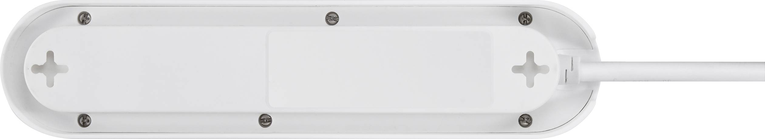 Underside view of a white power strip with multiple screw holes and a cable.