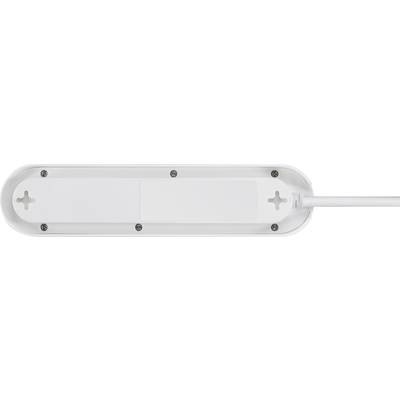 Underside view of a white power strip with multiple screw holes and a cable.