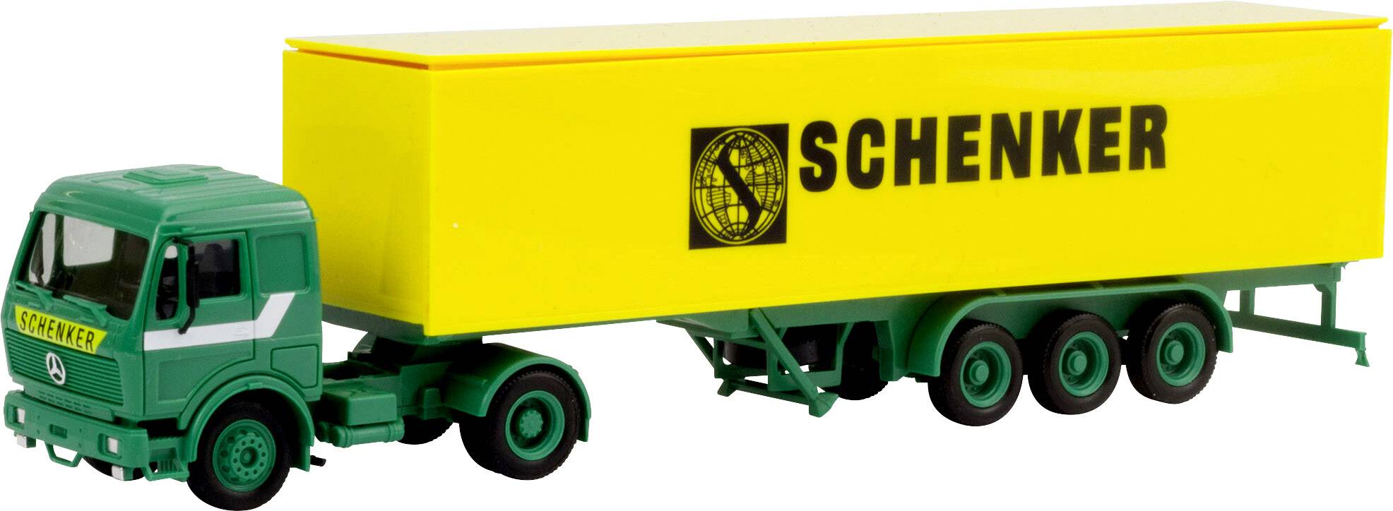 Green toy lorry with a yellow trailer, bearing the 'SCHENKER' logo on its side. The model is intricately detailed and depicts a transport company.