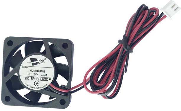 A small, square fan with black blades and a red and black cable. Technical specifications are printed on the label.
