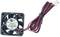 A small, square fan with black blades and a red and black cable. Technical specifications are printed on the label.