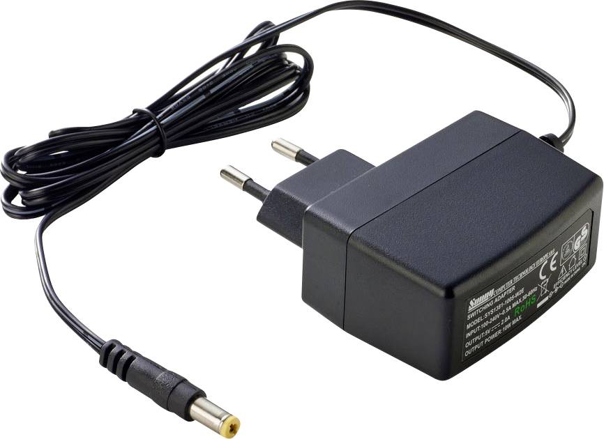 A black AC power adapter with an attached cable and plug. The adapter has printed specifications and certification symbols on its side.