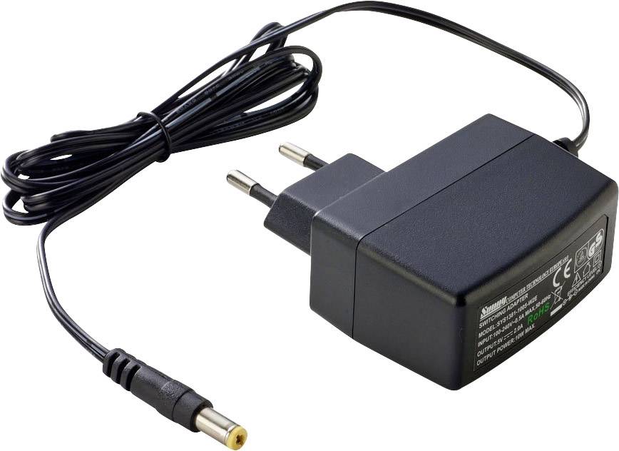 Black power supply with Euro plug and power cable. It has a barrel connector. Suitable for electrical devices.
