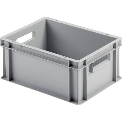 Grey plastic storage box with side handles; rectangular, open at the top. Ideal for storing or transporting items.