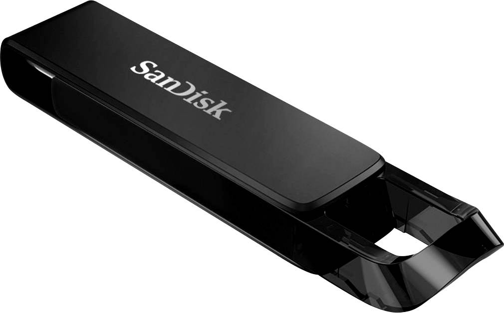 Black USB flash drive with 'SanDisk' logo, rectangular shape, rounded edges. Used for storing and transferring data.