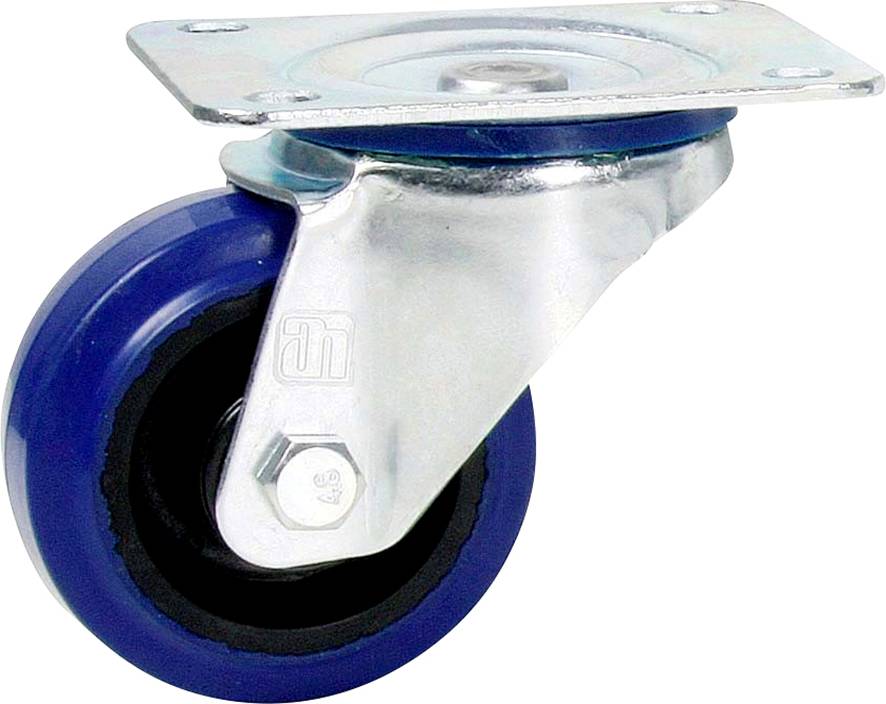 A single blue and silver castoring wheel, attached to a metal plate, suitable for use on furniture or equipment.