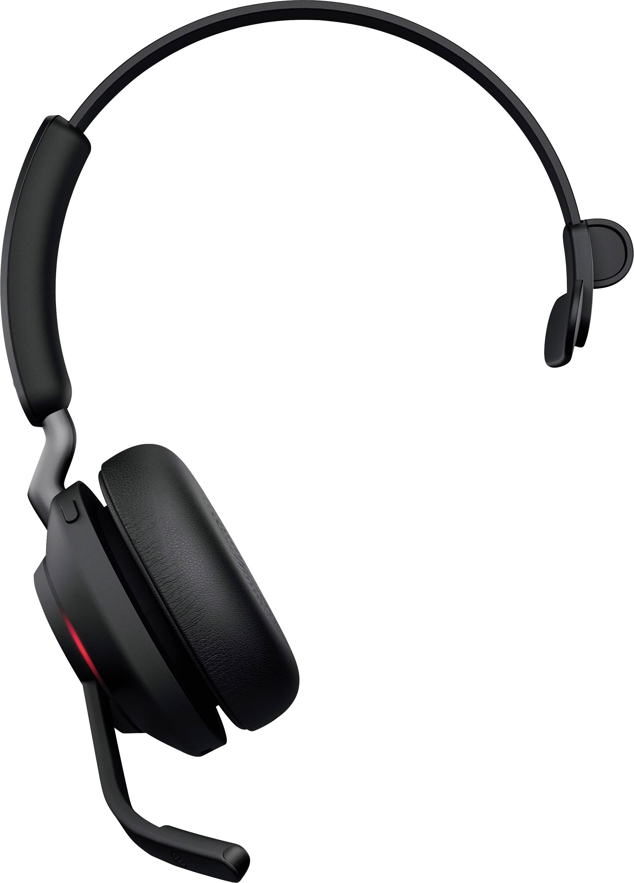 A black headset with a microphone arm. It has a padded earpiece and is designed for single-sided use.