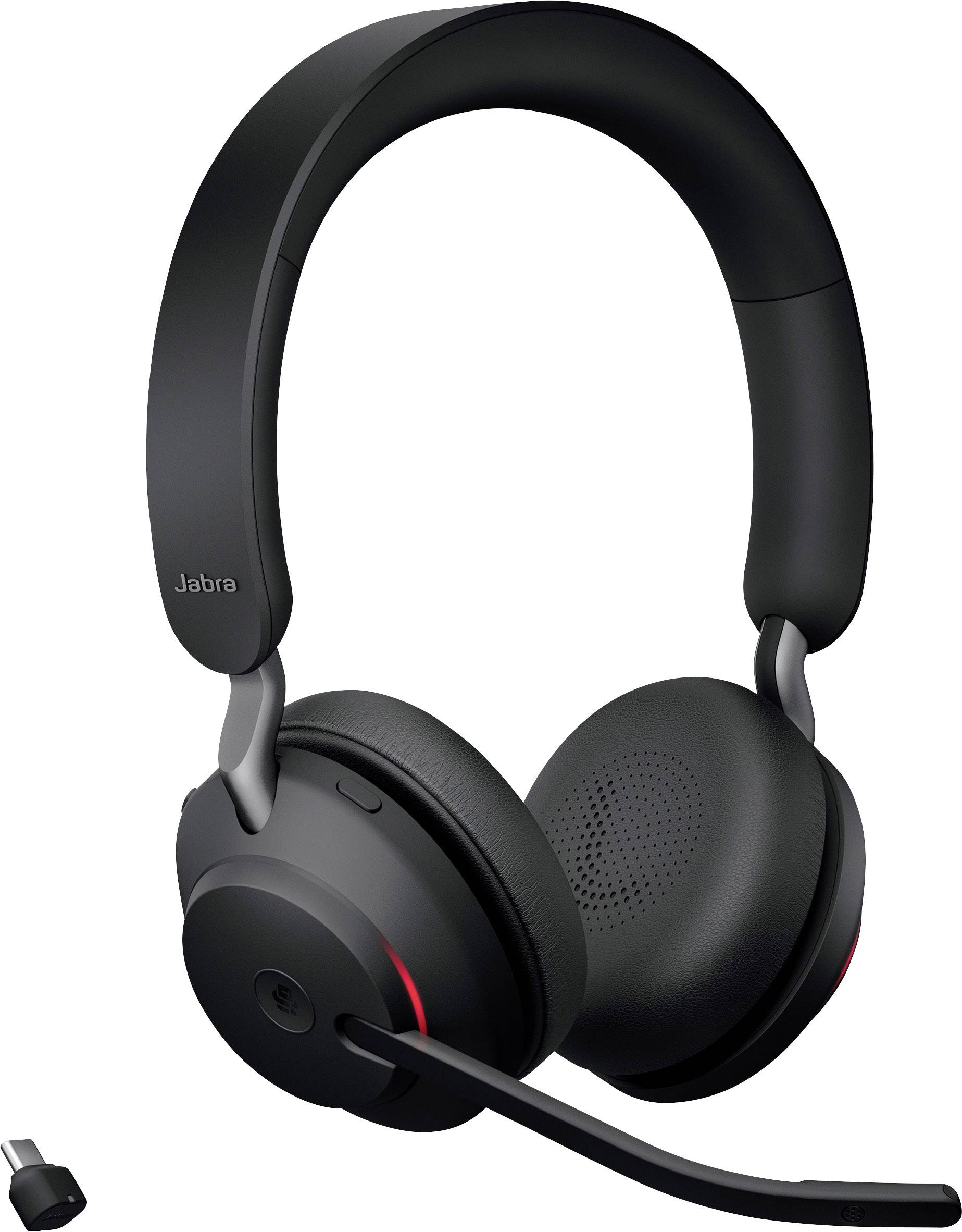 Black over-ear headset with microphone arm and USB dongle, suitable for wireless communication and telephone calls.