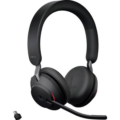 Black headset with large microphone arm and USB connection adapter. 'Jabra' brand name on the side. Suitable for professional use.