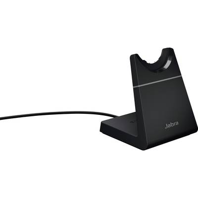 A black Jabra charging station for headsets, connected with a cable, on a white background.