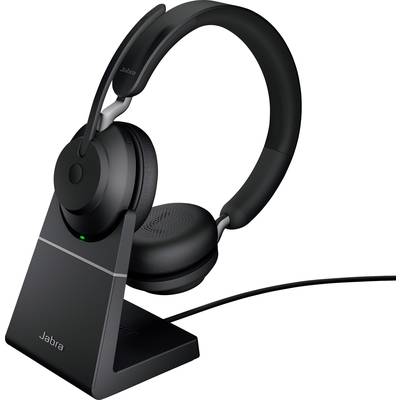 A black cordless headset with microphone, sitting on a charging station. Suitable for telephony and music, with a professional design.