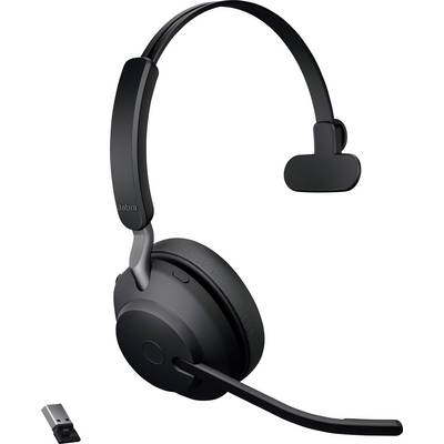 Wireless, black headset with microphone arm, pictured alongside a USB receiver. Ideal for telephone calls and video conferences.