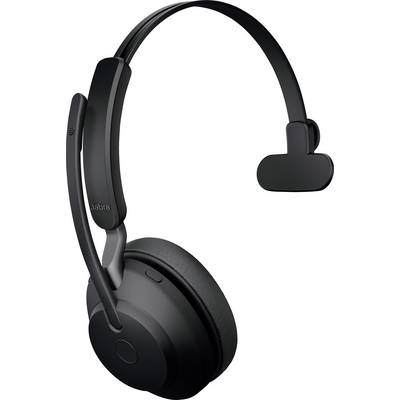 A wireless black headset with an ear cushion, microphone arm, and headband. Designed for communication and music.