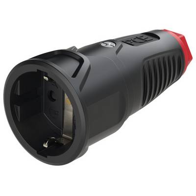 A compact, black Schuko plug with a red end and a ribbed grip for secure handling.