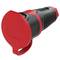 Red and black electric connector device, shown in isolation, with ergonomic handle and protective cover.