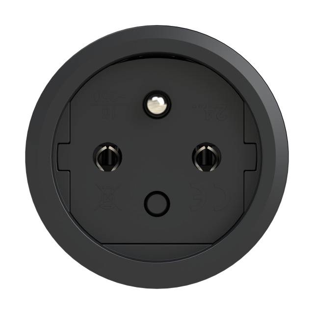 A black socket with three round holes, suitable for European Schuko plugs. Shows the rear view without connected cables.