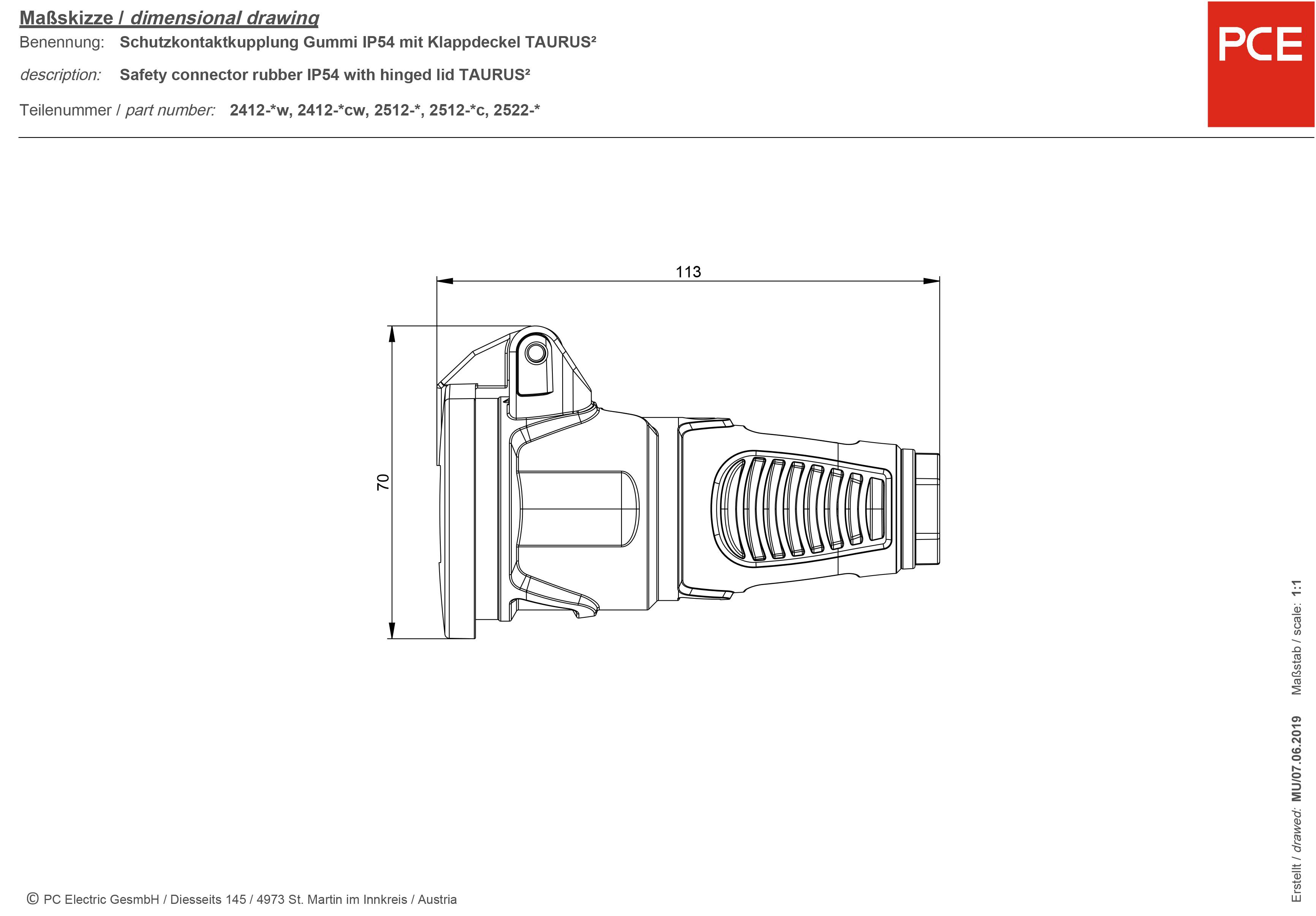 Technical drawing of a Schuko socket with hinged cover, IP54, 113 mm length, by PCE. Model numbers: 2412 as specified.