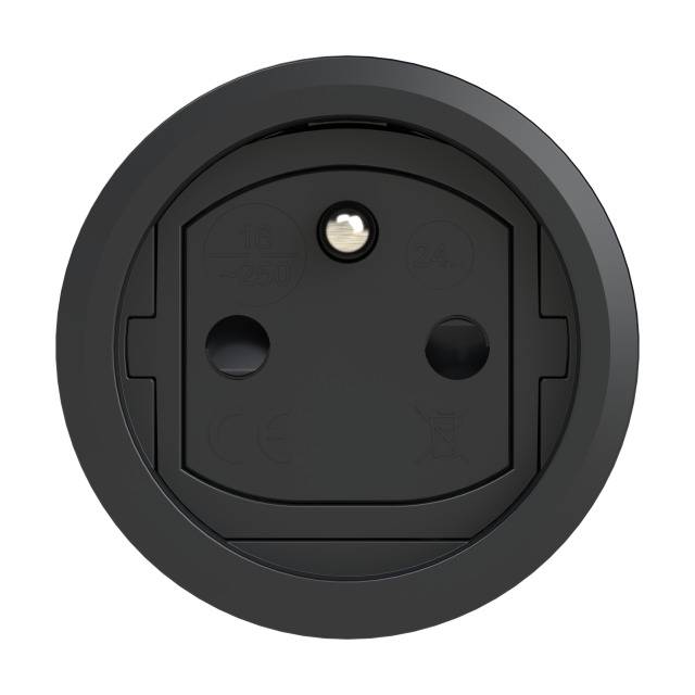 Black socket with earth pin in a round design, suitable for wall mounting.