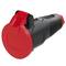 Portable, red and black lamp with an ergonomic handle and side buttons. Suitable for outdoor activities and emergencies.