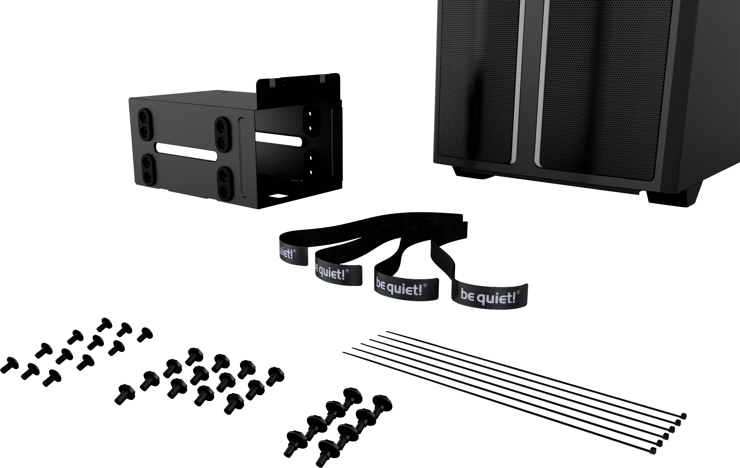 'Computer accessory set with screws, cable ties, mounting brackets, a mounting frame and a case cutout.'