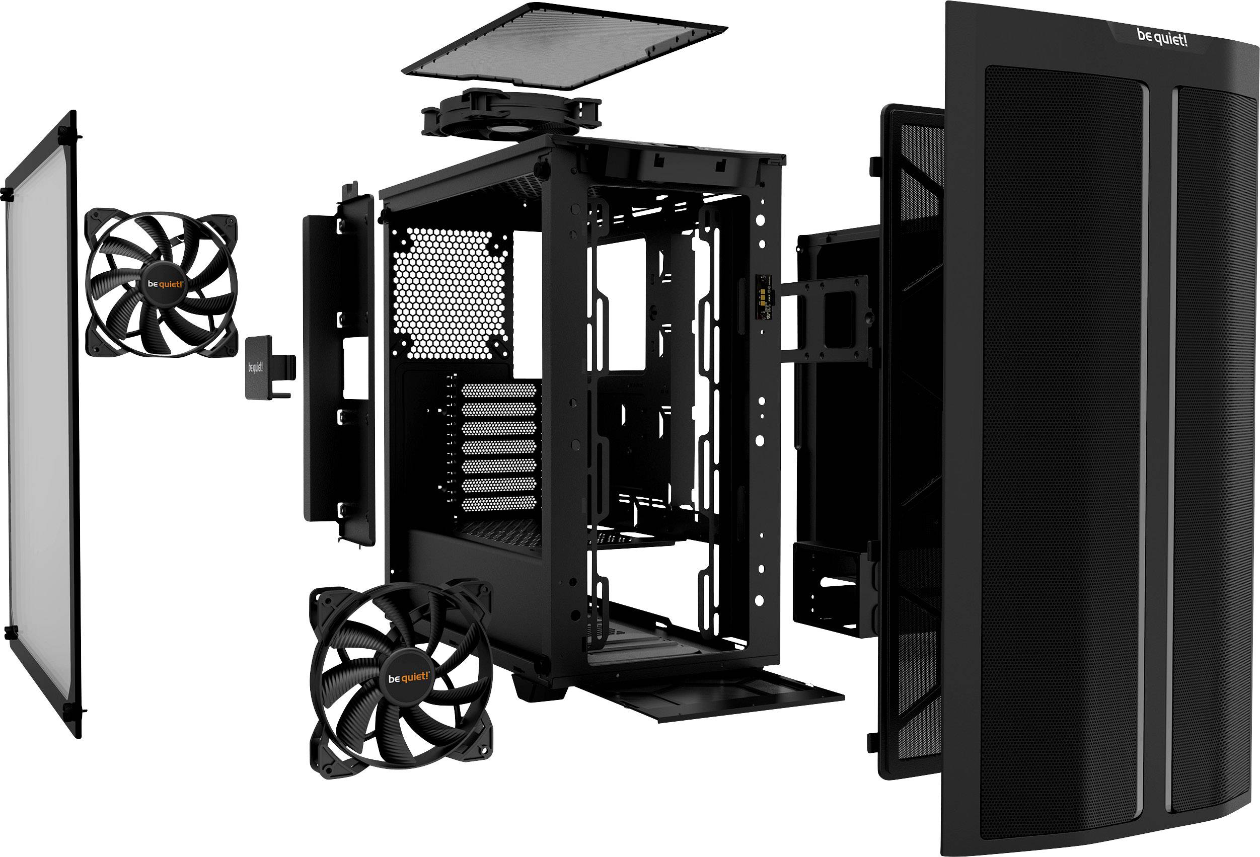 An exploded diagram of a computer case shows various components such as fans, dust filters, and side panels, which are separated.