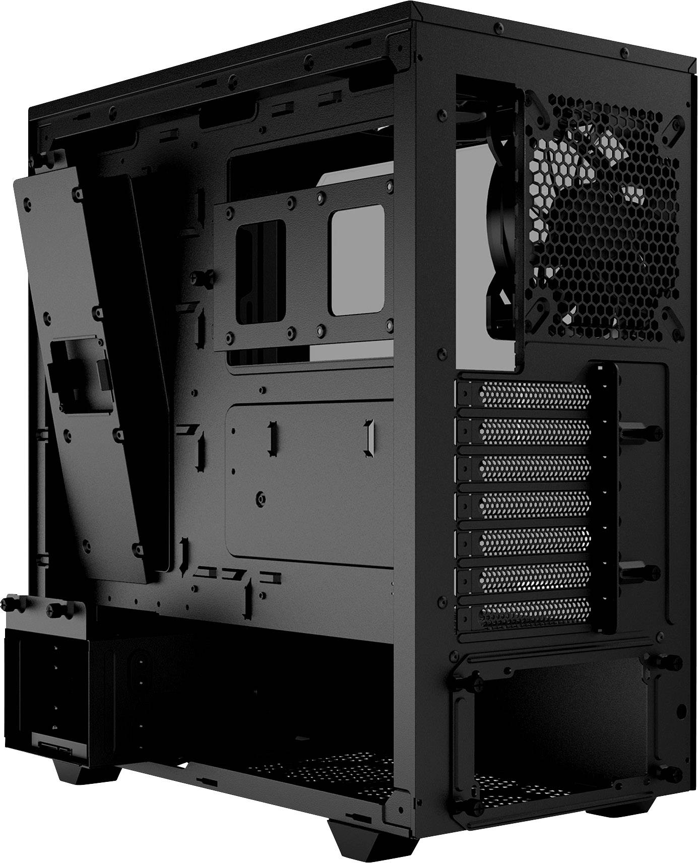 Black computer case without components, featuring a fan and multiple drive bays, shown from front and rear views.