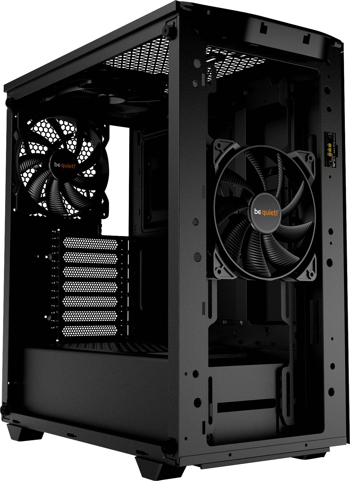 Black PC case with an open design, two built-in 'be quiet!' fans for ventilation, suitable for computer hardware installation.