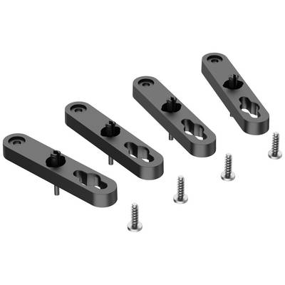 Four black mounting brackets, each with two drill holes, and four corresponding metal screws.