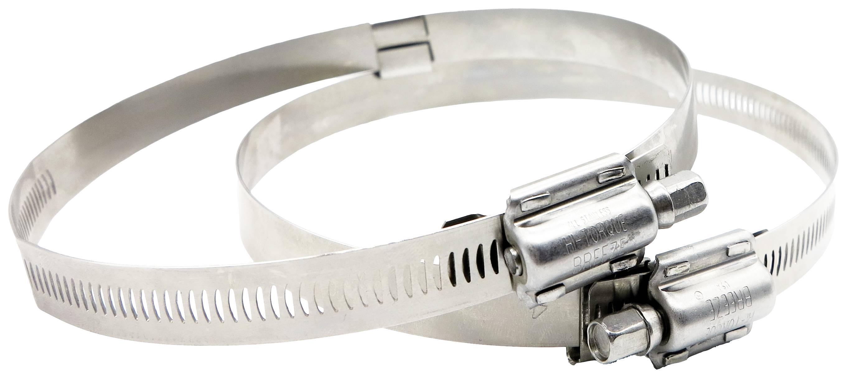 Two silver metal hose clips intertwined, set against a white background. They are used for securing hoses.