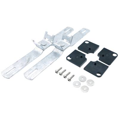 Metal mounting set with two flat, silver-coloured brackets, four black plastic components, four screws and two washers.