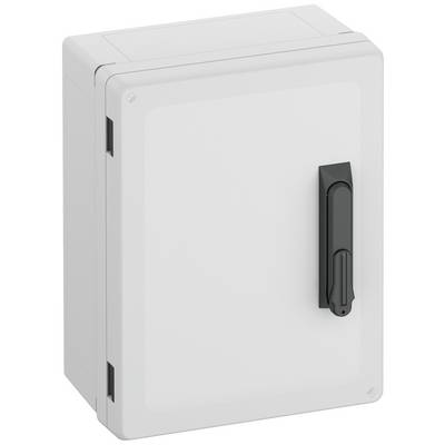A grey, rectangular box with a black vertical handle. Suitable for secure storage or as an electrical cabinet.