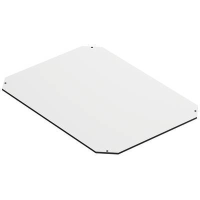 White, rectangular metal plate with bevelled corners and four small holes, one at each corner.