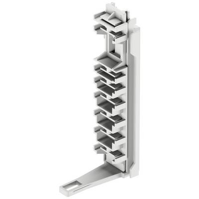 A vertical, grey, multi-stage plastic component with multiple slots for electronic connections or modules.