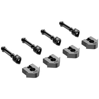 Six black bicycle components, consisting of three through-axles and three axle mounts.