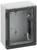 Empty enclosure with transparent lid, metal fittings, and black handle; designed to protect electrical components.