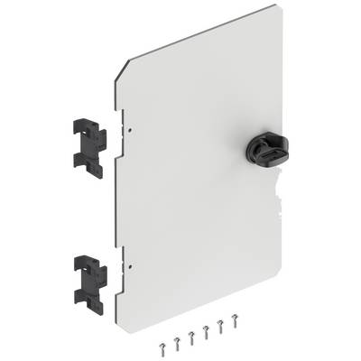 Door sign with rotary knob and mounting parts, including six screws and two mounting brackets.