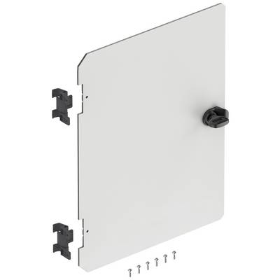 Grey rectangular component with a handle and mounting brackets, accompanied by seven small screws.