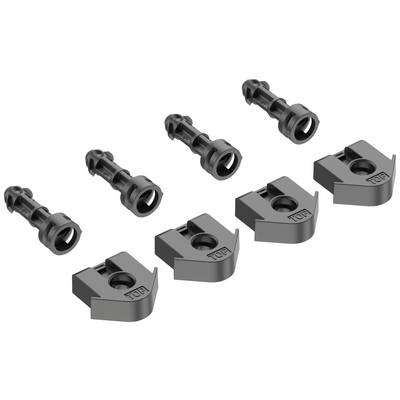 Four black plastic clips and four matching screws, arranged on a white background.