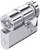A metallic furniture lock, cylindrically shaped, with a side clamp for attachment to a surface.