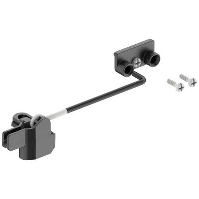 Black cable holder with screw fixing and two separate screws, for secure fastening of cables to surfaces.