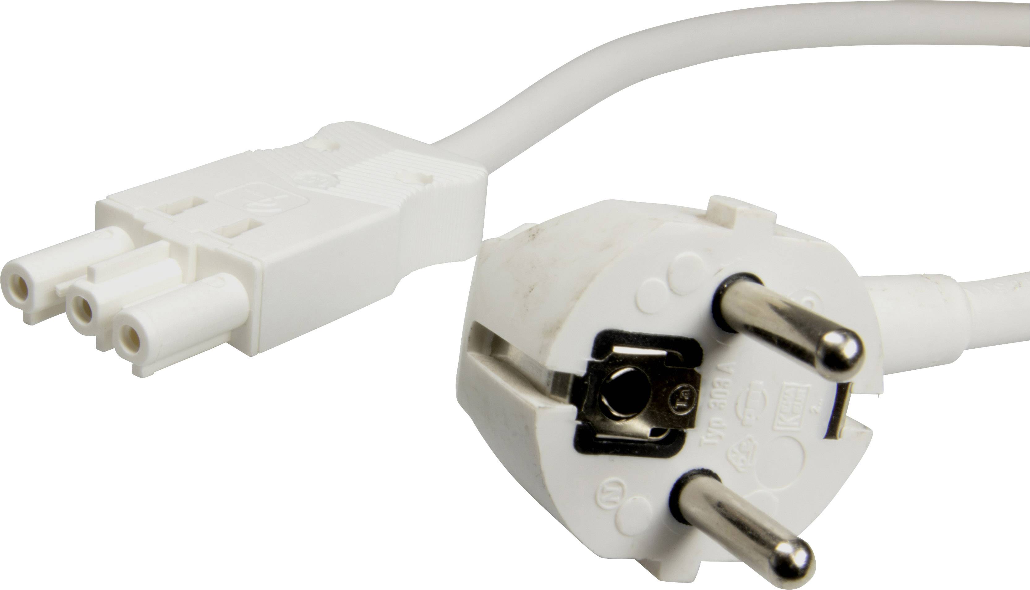 'EU mains plug and C7 connector on a white cable, ready to connect electrical devices, suitable for European power sockets.'